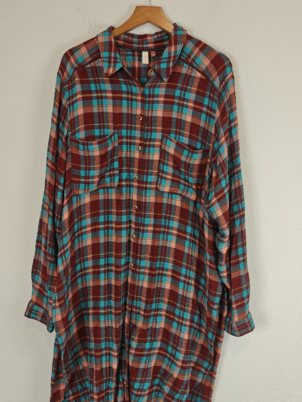 Pilcro Long Plaid Button-Down Shirt Dress in Burgundy and Teal - Picture 7 of 16